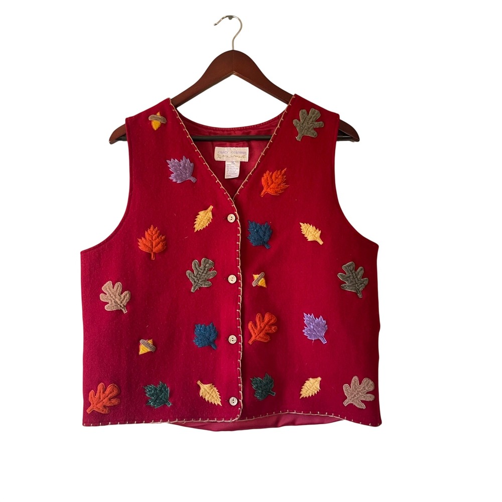 Vintage Womens‎ XL Burgundy Wool Blend Fall Leaf Applique Button Front Vest